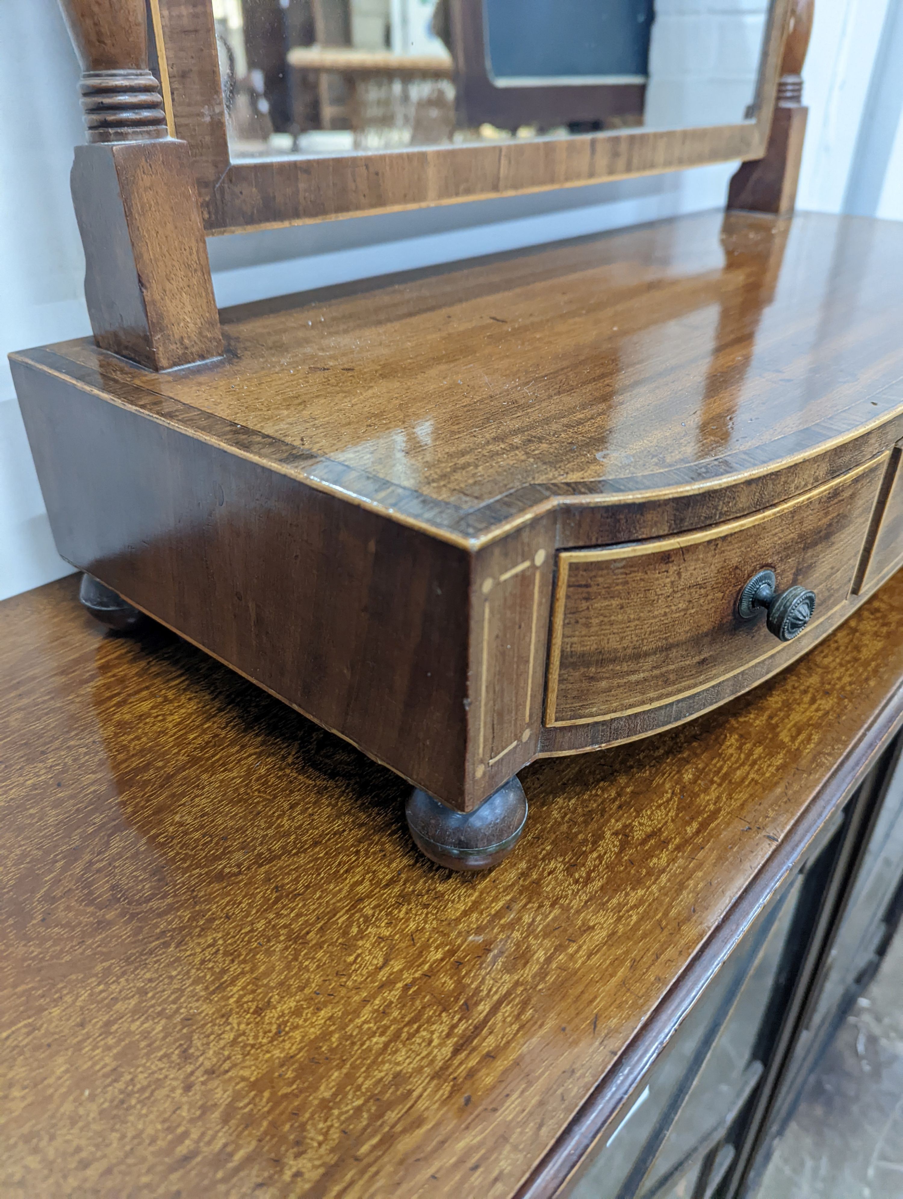 A Regency banded mahogany toilet mirror, width 62cm, depth 28cm, height 65cm